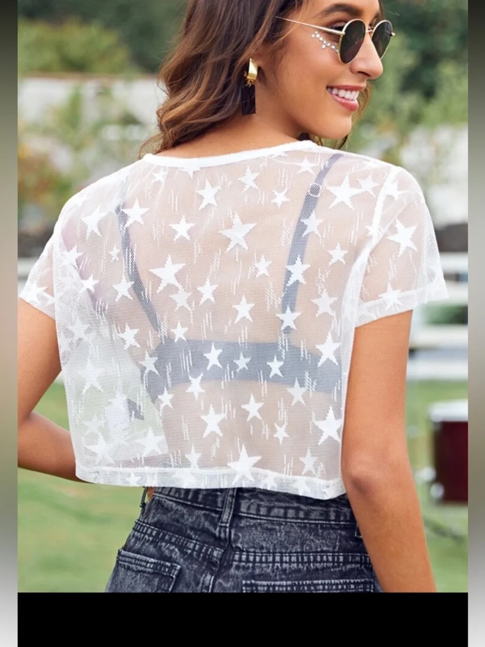 White Sheer Star Mesh Crop Festival Patriotic Top - Picture 4 of 6